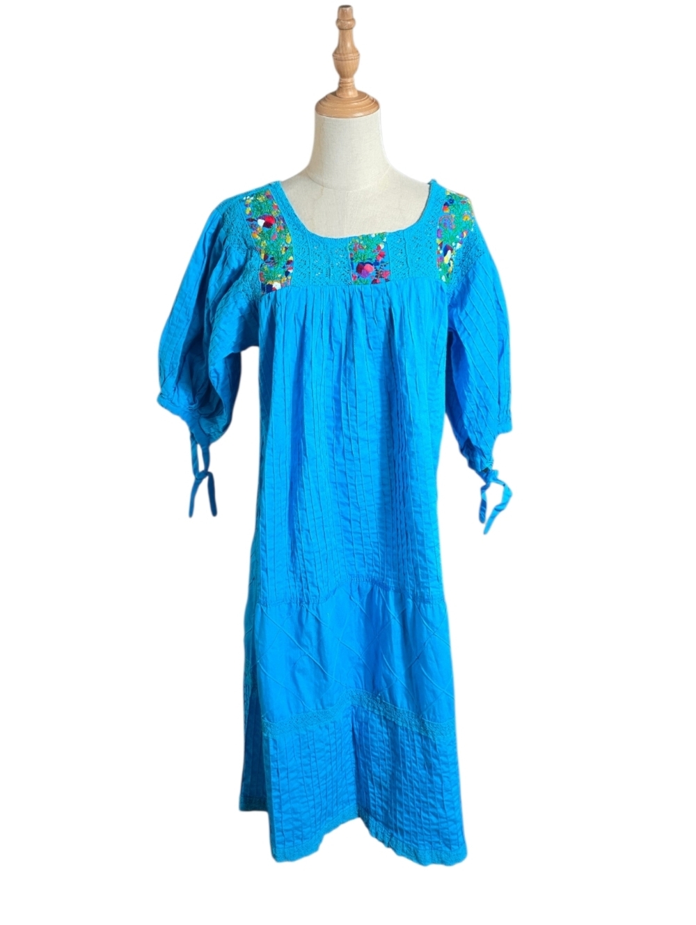 Delfina Mora Vintage Bright Turquoise Embroidered Peasant Dress Made In Mexico